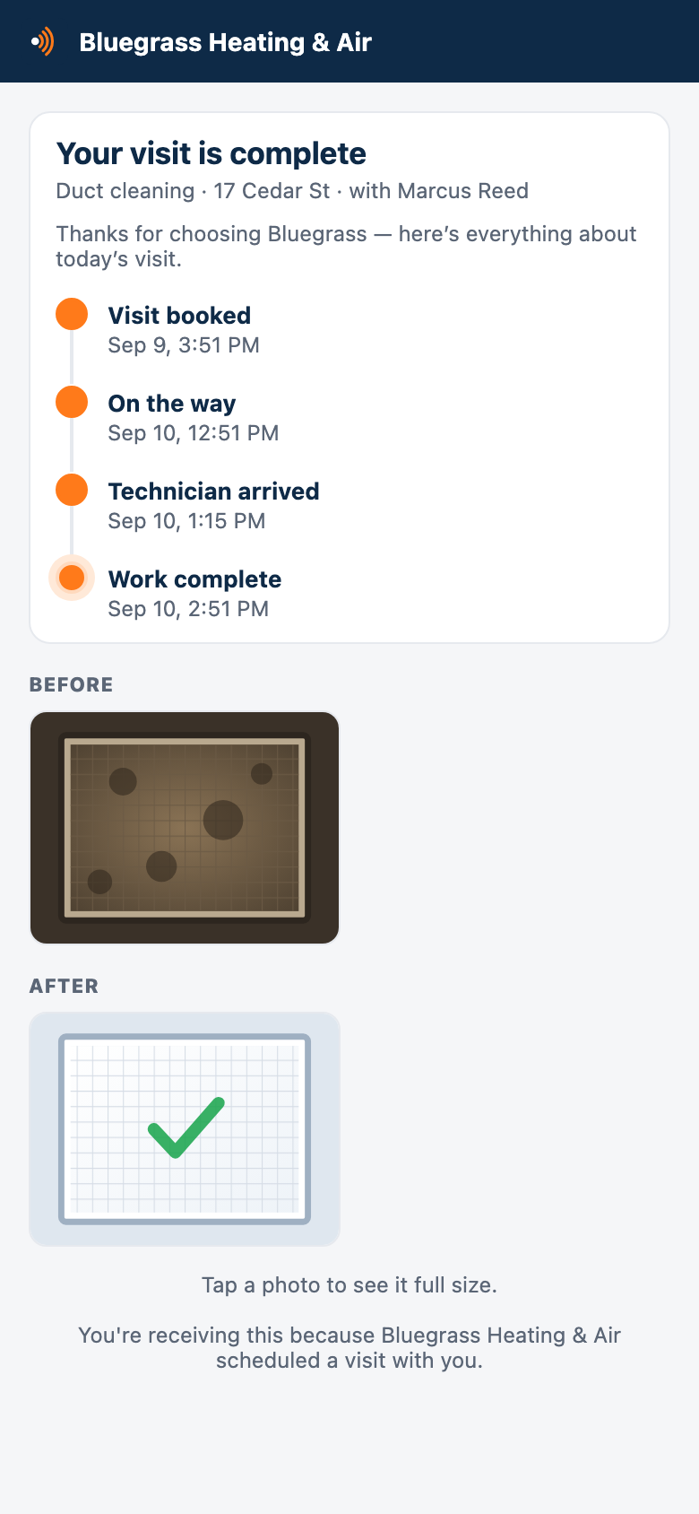 The customer's completed visit page for Bluegrass Heating and Air: duct cleaning at 17 Cedar St with Marcus Reed, a timestamped timeline from booked to work complete, and before and after photos.