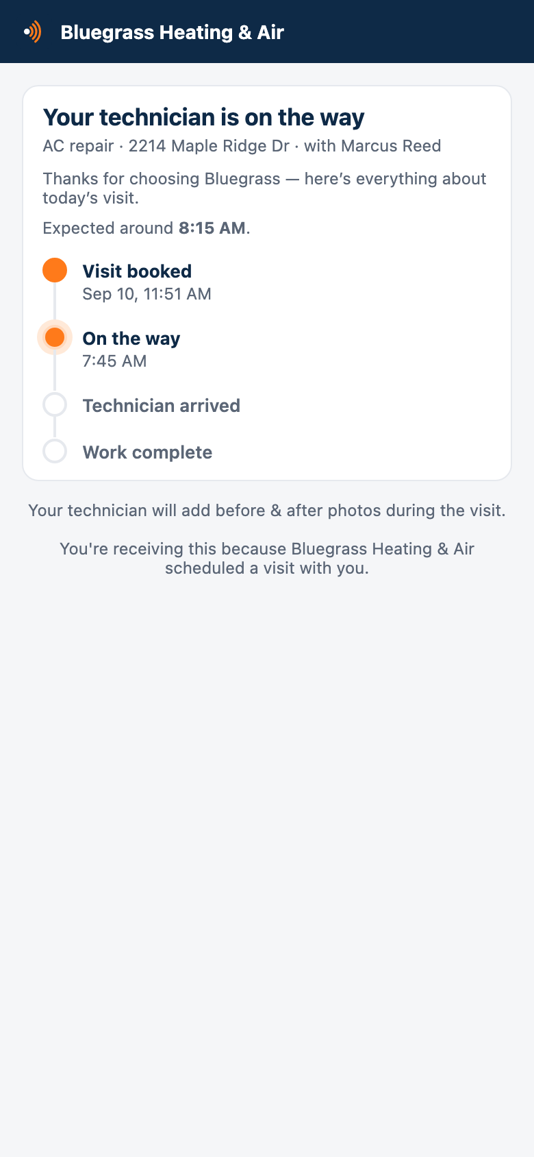 The customer's visit page under the contractor's own name: Your technician is on the way, AC repair at 2214 Maple Ridge Dr with Marcus Reed, expected arrival time, and a timeline from visit booked to work complete.