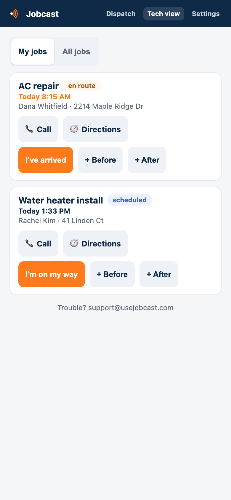 The Jobcast tech view on a phone: My jobs and All jobs tabs, an AC repair en route with Call, Directions, I've arrived, Before and After photo buttons, and a water heater install scheduled for 1:33 PM.